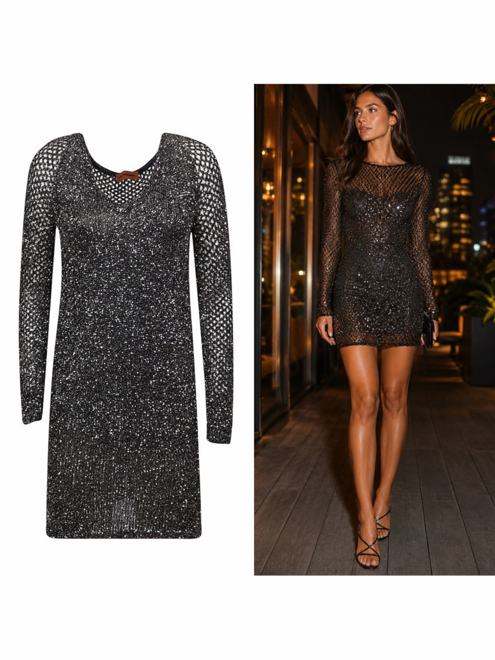 Missoni Black Grey Mini Dress Glitter Mesh Knit Long Sleeve 2 Cocktail NWT 🟡